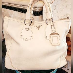 PRADA XLarge Pebbled leather Tote/hobo Bag (Ivory)w/Silver tone hardware.